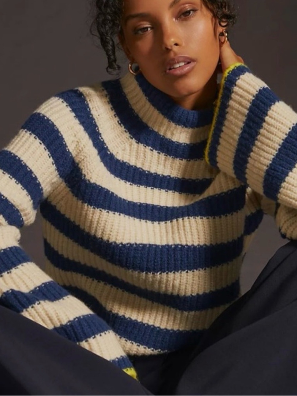 Anthropologie Maeve Striped Cream and Navy Rib Knit Sweater
